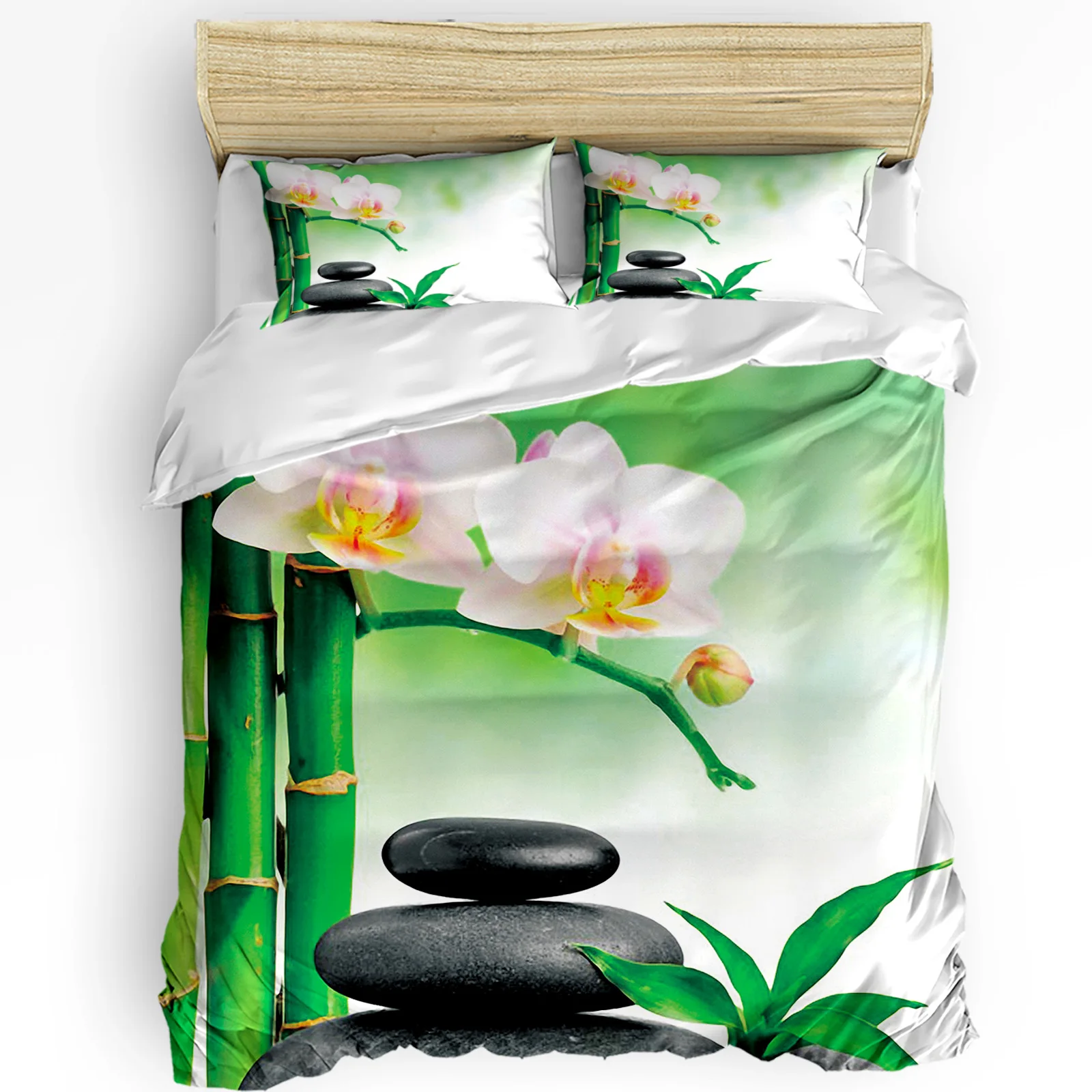 Zen Stones Orchids Flower Green Bamboo Duvet Cover with Pillow Case Custom 3pcs Bedding Set Quilt Cover Double Bed Home Textile