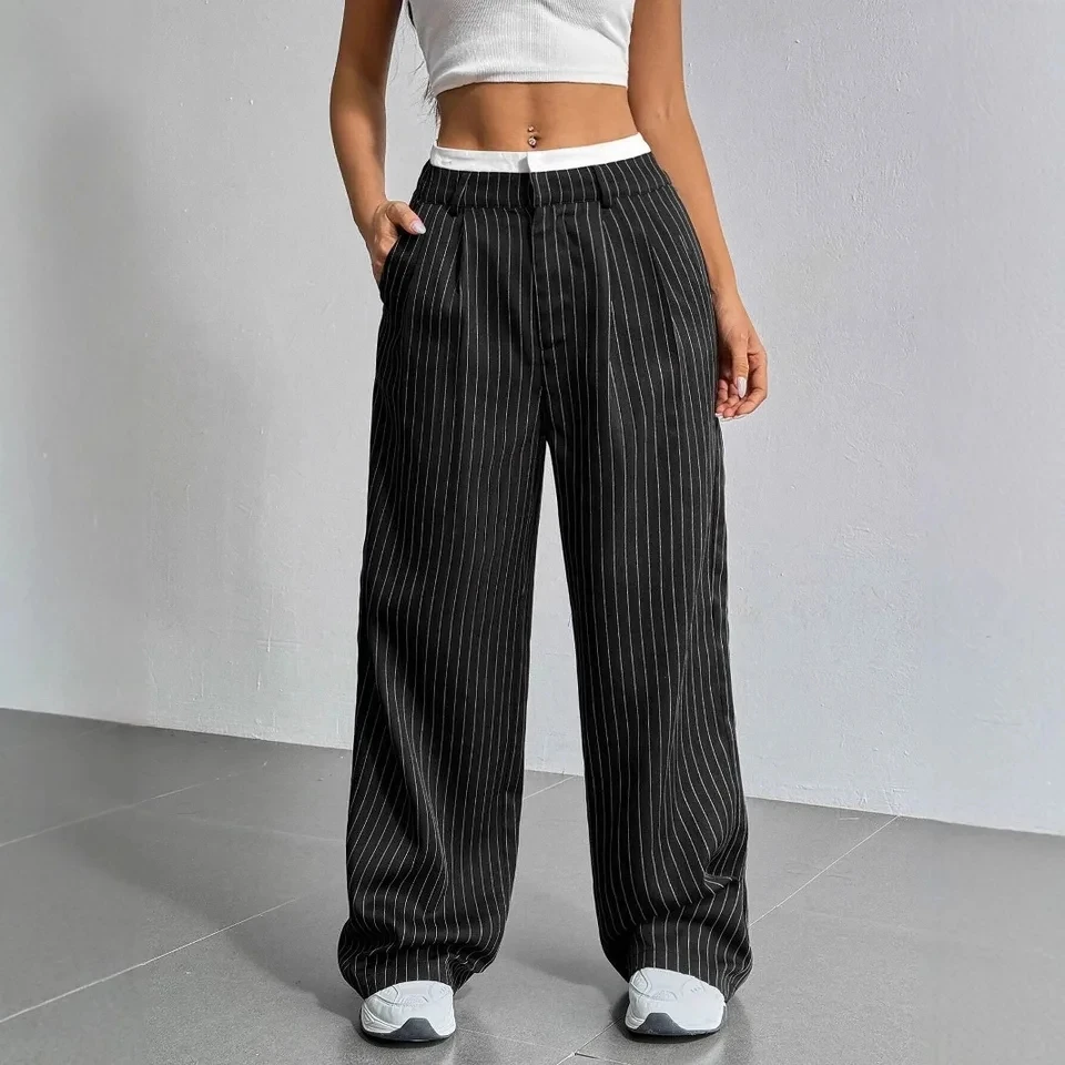 

High-waist Casual Straight Drape Striped Wide-leg Trousers Women New Summer Color Matching Simple Camping Outdoor Daily Trousers