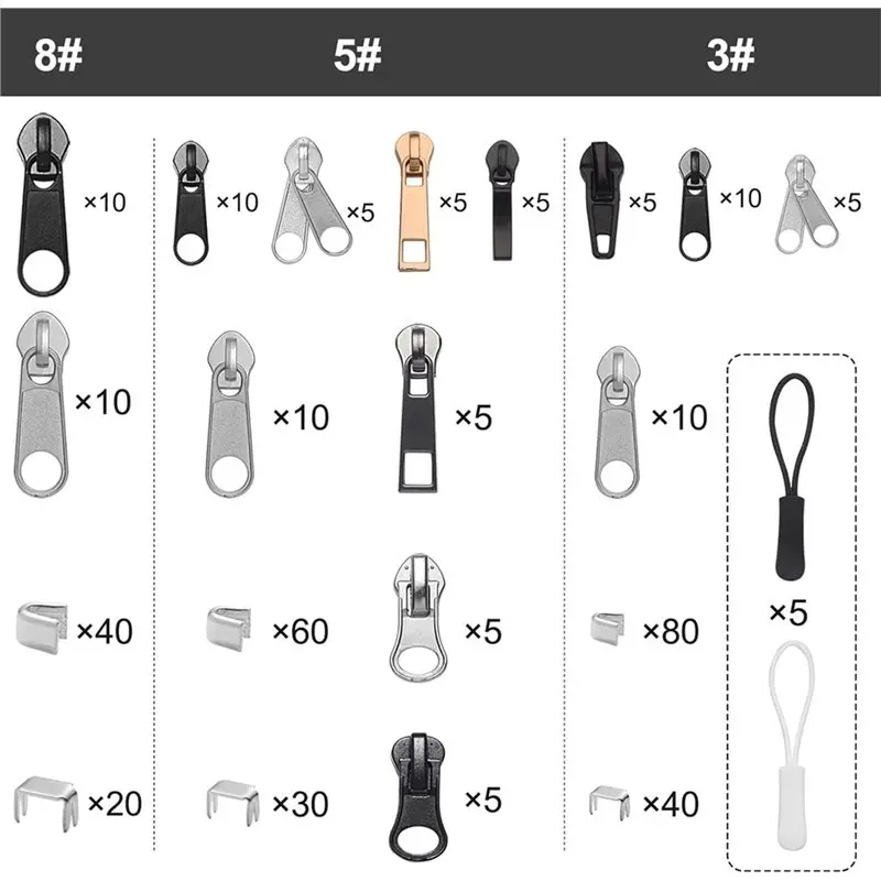 Kit de réparation de fermeture éclair tendance 2025 (380 pièces)-pour vêtements, vestes, bottes, sacs à dos pour sac à dos de remplacement coulissant 3 5 8