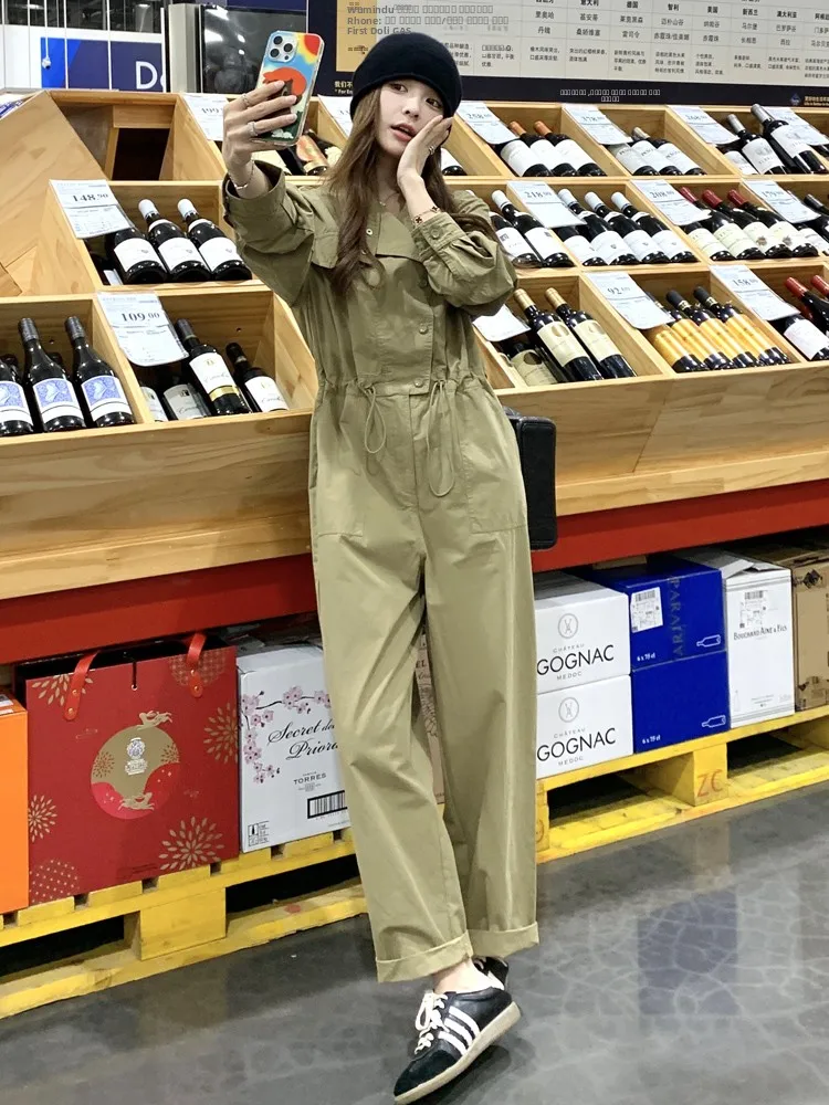 카키색 작업복 바지 여성용 루즈 캐주얼 디자인 봄 신상 한국 스타일 하이웨이스트 롱 팬츠 출퇴근 패션