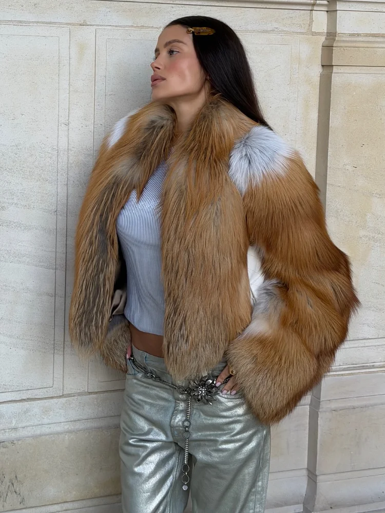 Luxuriöser zweifarbiger Kunstpelz-Kurzmantel für Damen, elegant, volle Ärmel, locker, warm, abgeschnittene Jacken, 2025, für Damen, Winter, Street Fashion, Oberbekleidung