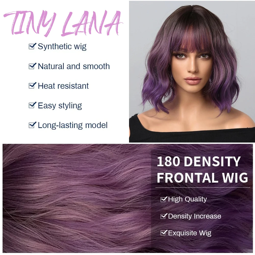 Gray Purple Pink Short Bob Synthetic Wigs with Bangs Curly Cosplay Ombre Wig for Women Afro Natural Wave Heat Resistant Hair