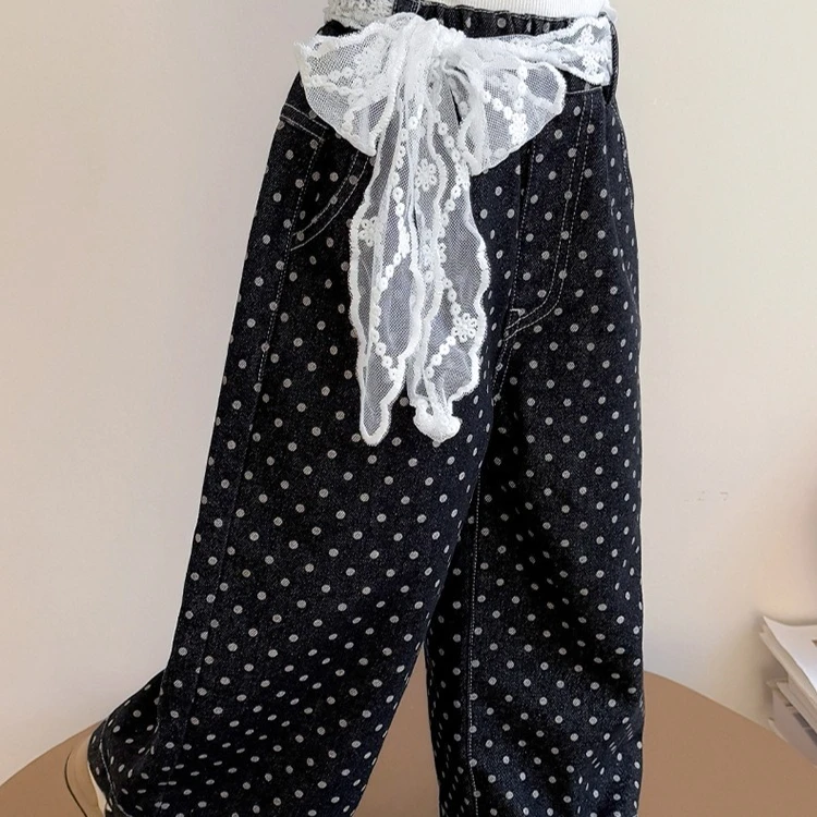Calças da menina 2025 primavera e outono novas roupas infantis menina bebê moda polpok cinto de renda calças largas perna casual simples