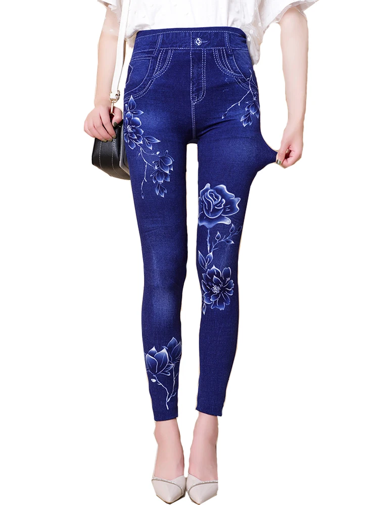 CUHAKCI Out Wear Peony Printed Tight ImiTation Denim Summer Women Pants Fitness Jeans High Stretch Seamless Fitness Yoga Legging