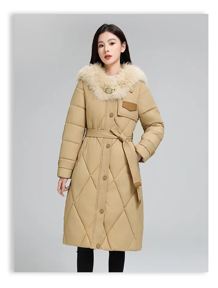 Oversize Women Parkas Coats Maxi Long Jacket Belted Solid Fur Collar Single Breasted Loose Office Lady Casual 2025 Autumn Winter