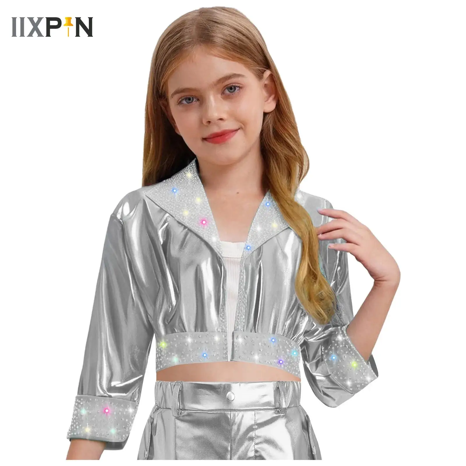 

Kid Girls Hip Hop Jazz Dance Coat Long Sleeve Shiny Rhinestones Baseball Jackets Bomber Outerwear Rave Party Performance Costume