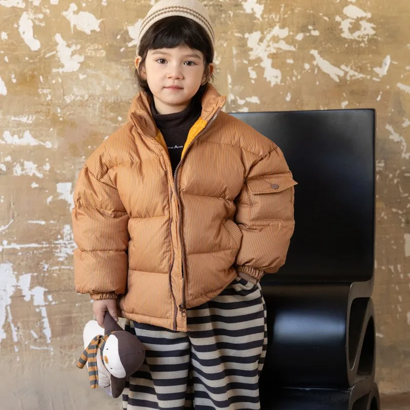 2024 Winter Childrens Boys Down Jacket Striped Stand Collar White Duck Down Western-style Kids Boys Jacket 3-8 Years Boys Coat