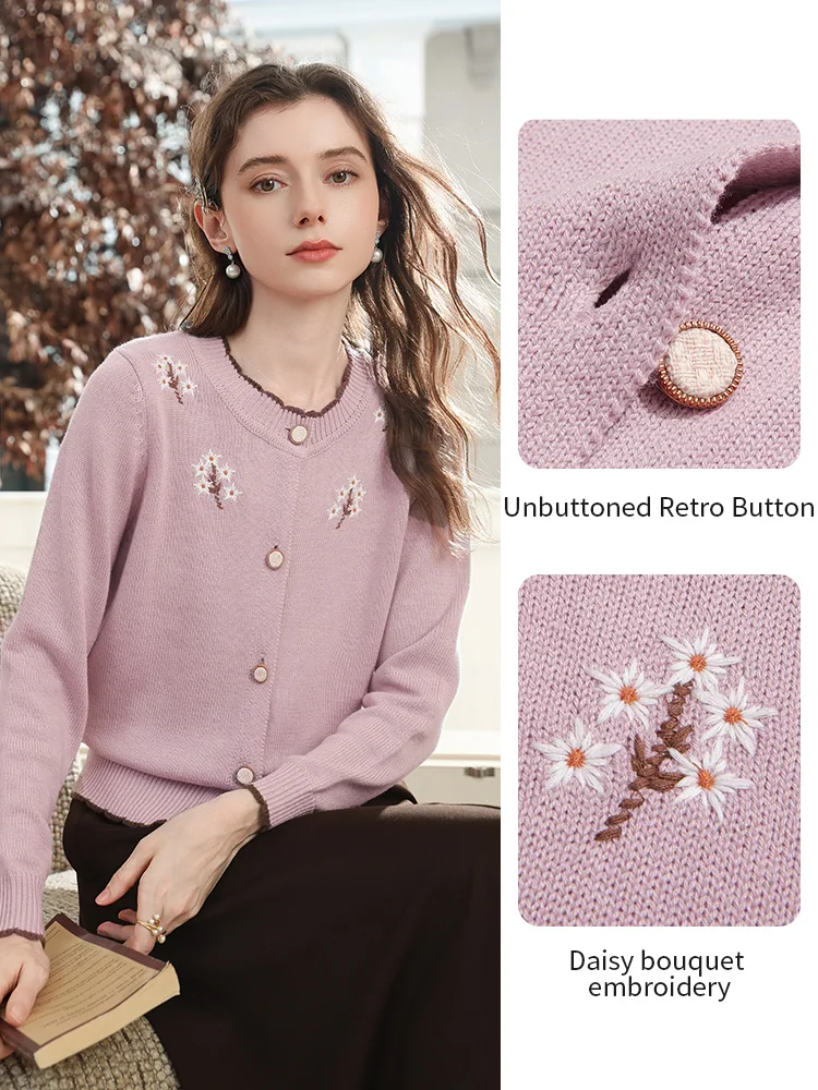 سترة نسائية من I Believe You لخريف 2025 سترة محبوكة مطرزة باللون الأرجواني الجديد بأكمام طويلة 2254146098