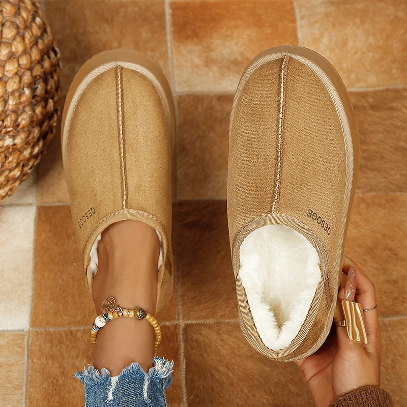 Plus Size 43 Faux Suede Platform Plush Slippers Women Anti Slip Thick Sole Winter Cotton Shoes Warm Thicken Plush Snow Boots