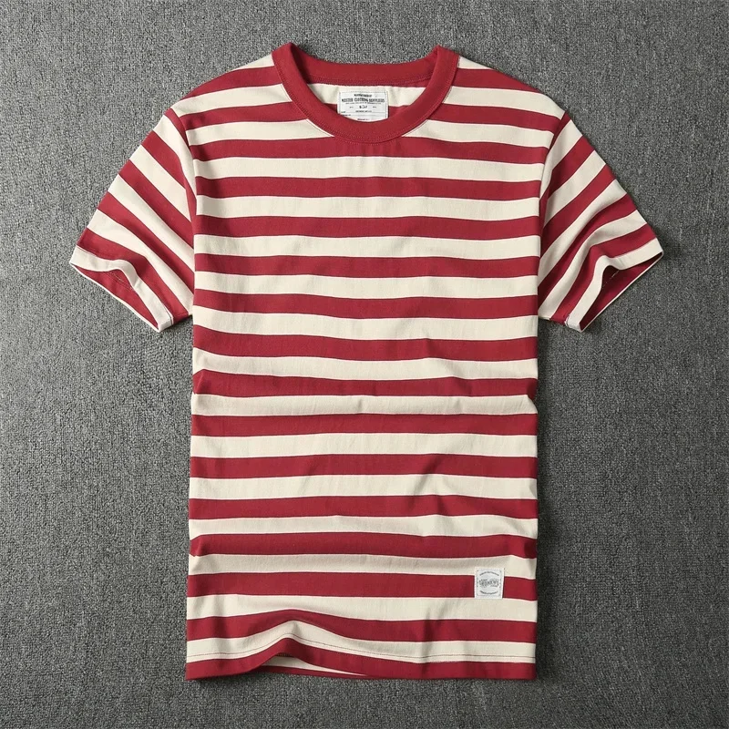 

Хлопковая футболка цвета хаки с тяжелым круглым вырезом, винтажная модная рубашка для пар, сине-белая полосатая мужская мода с короткими рукавами