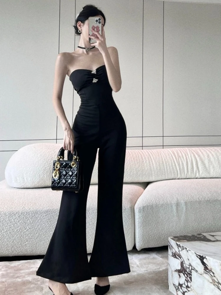 Women Elegant Chic Sleeveless Backless Jumpsuit Woman Solid Color Slim Wide Leg Jumpsuit