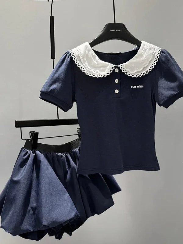 

Fashionable Sweetlooking Summer Outfit Short Sleeve Neck Tshirt And Skirt Two Piece Set for Young Women