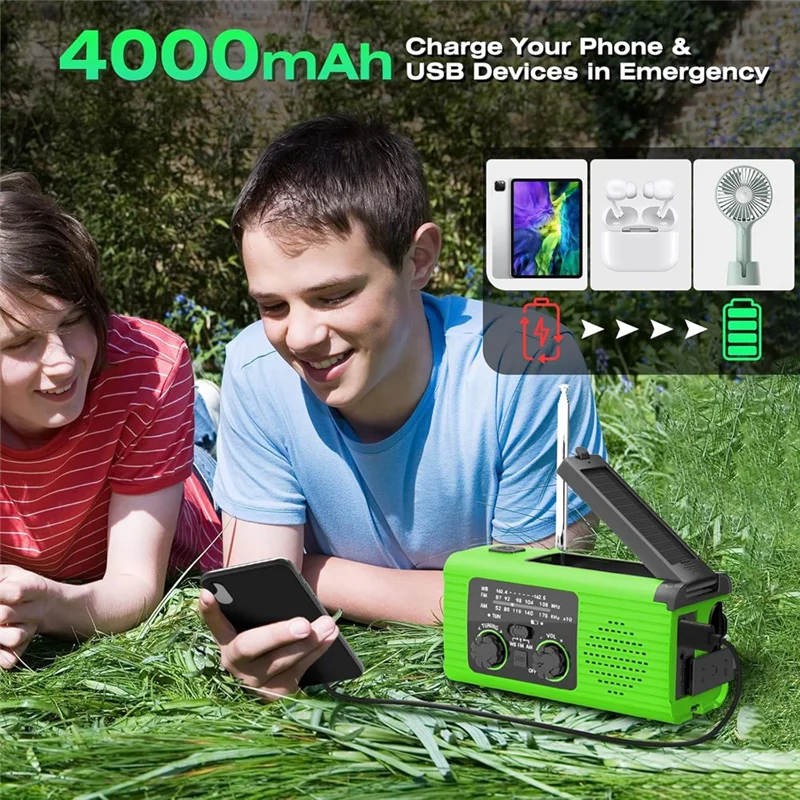 AA60-태양열 핸드 크랭크 비상 라디오 4000Mah 다기능 AM/FM/NOAA 날씨 라디오 캠핑용 헤드폰 잭 포함