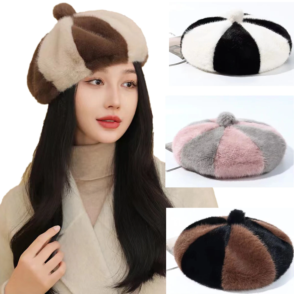 

Fashion Patchwork Faux Fur Beret Hat for Women Winter New Cloud Warm Soft Painter Cap Cute Female Luxury Retro Adjustable Hats