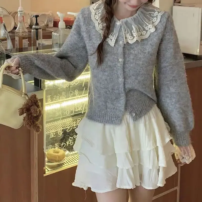 

Gentle Lace Peter Pan Collar Sweaters Autumn Winter Fashionable Spliced Women's Clothing Cute Solid Color Loose Knitted Cardigan