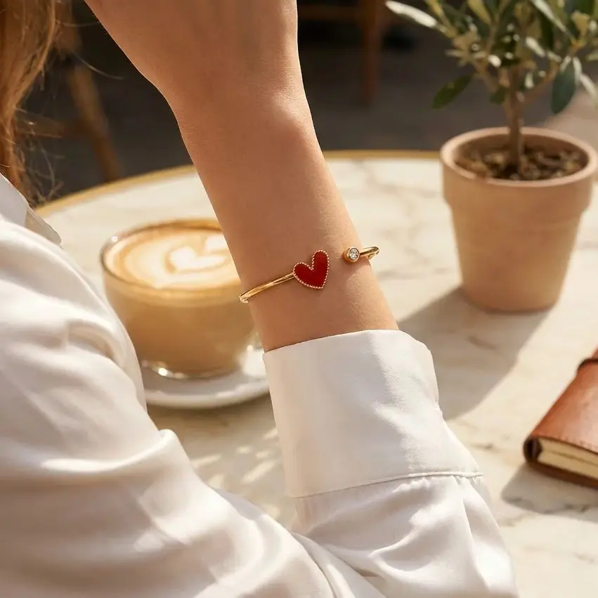 

Delicate Drip Oil Heart Open Bangle for Women Rhinestone Inlaid Stainless Steel Romantic Bracelet Jewelry Accessories