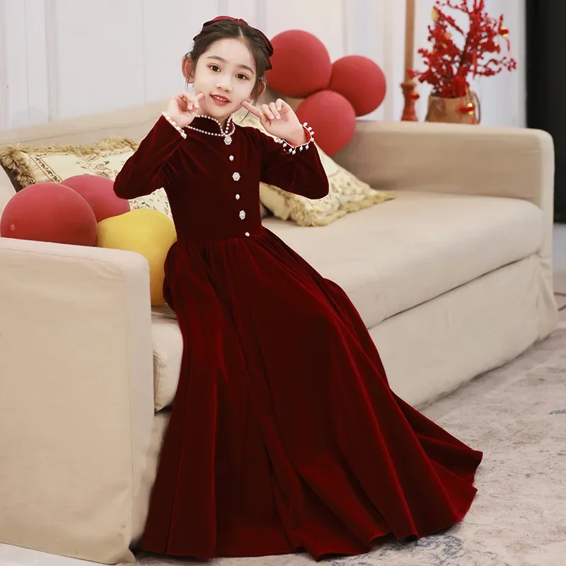 Gorgeous elegant Girls Dress For Piano Contest Long Sleeve Children Ball Gown Kids Christmas Party Wedding ceremonial Dresses