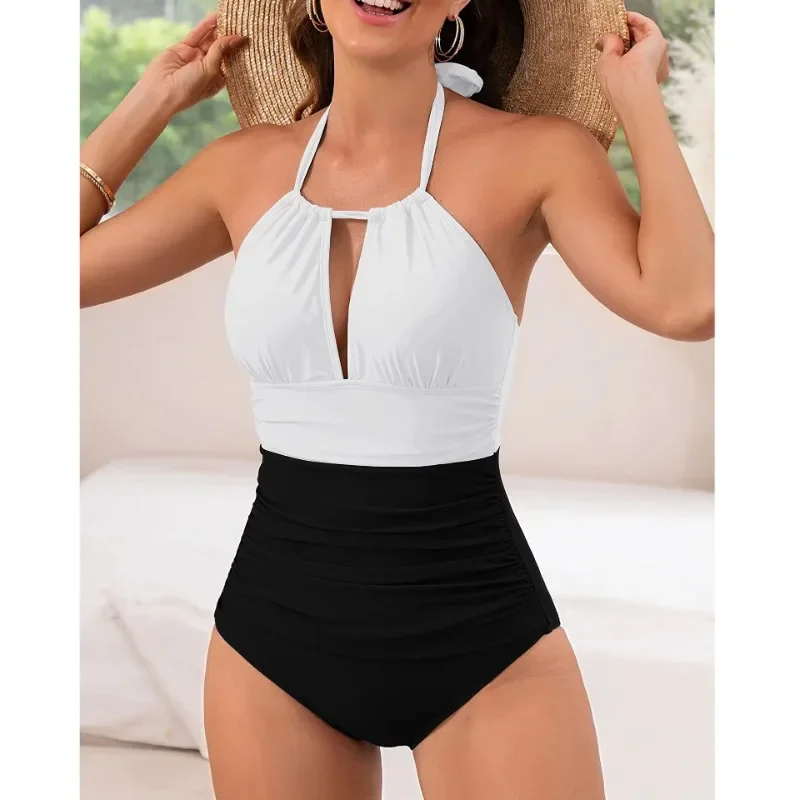 2024 New Swimwear   Swimwear Solid Color One Piece Swimwear Covering Belly  bathing suit women