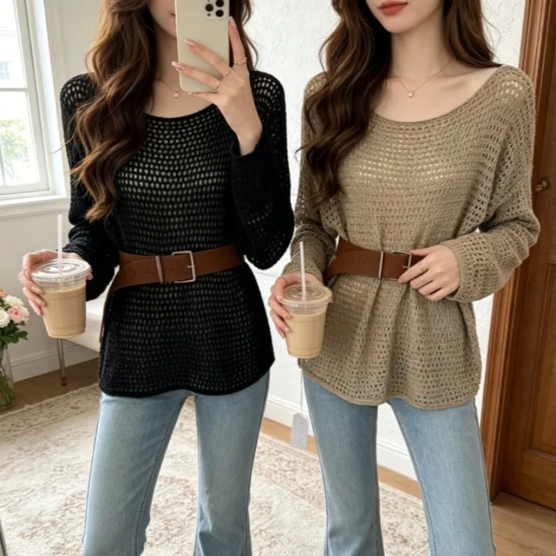

Summer Y2k Korean style Hot Girl Hollow Out Knit Blouse Casual Loose Long Sleeve Crochet Top Sexy Mesh Pullover with Free Belt