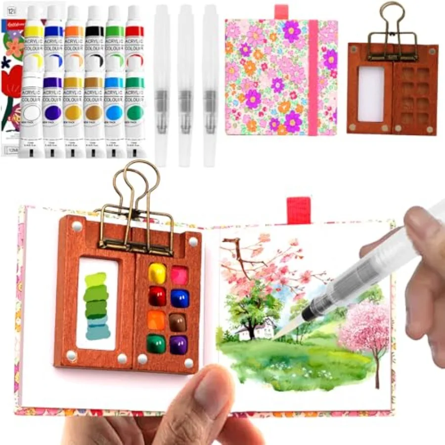 

Pocket Wooden Paint Palette with Metal Clip, Water Colour Paints Sets with Sketchbook and Water Pen for Painters, Artists, Begi