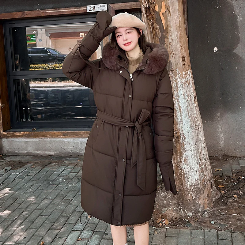 2025 luvas de jogo streetwear inverno longo parkas roupas femininas acolchoadas de algodão gola de pele casacos com capuz faixas jaquetas quentes finas