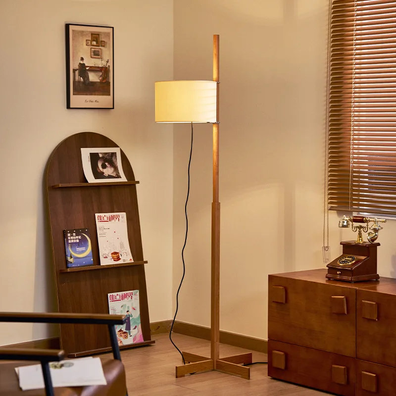 

Japanese Wabi Sabi Wooden Long Pole Floor Lamp Fabric Lampshade Adjustable Height Living Room Study Hotel Bedroom Standing Light