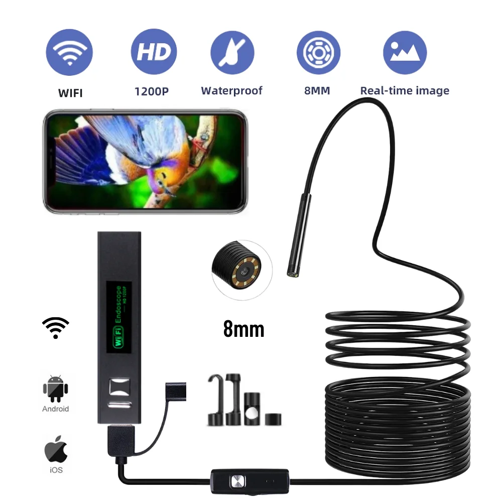 Wireless Inspection Endoscope Camera 1200P HD WiFi Borescope IP67 Waterproof with 8 LED Light for iPhone Android Laptop Mac