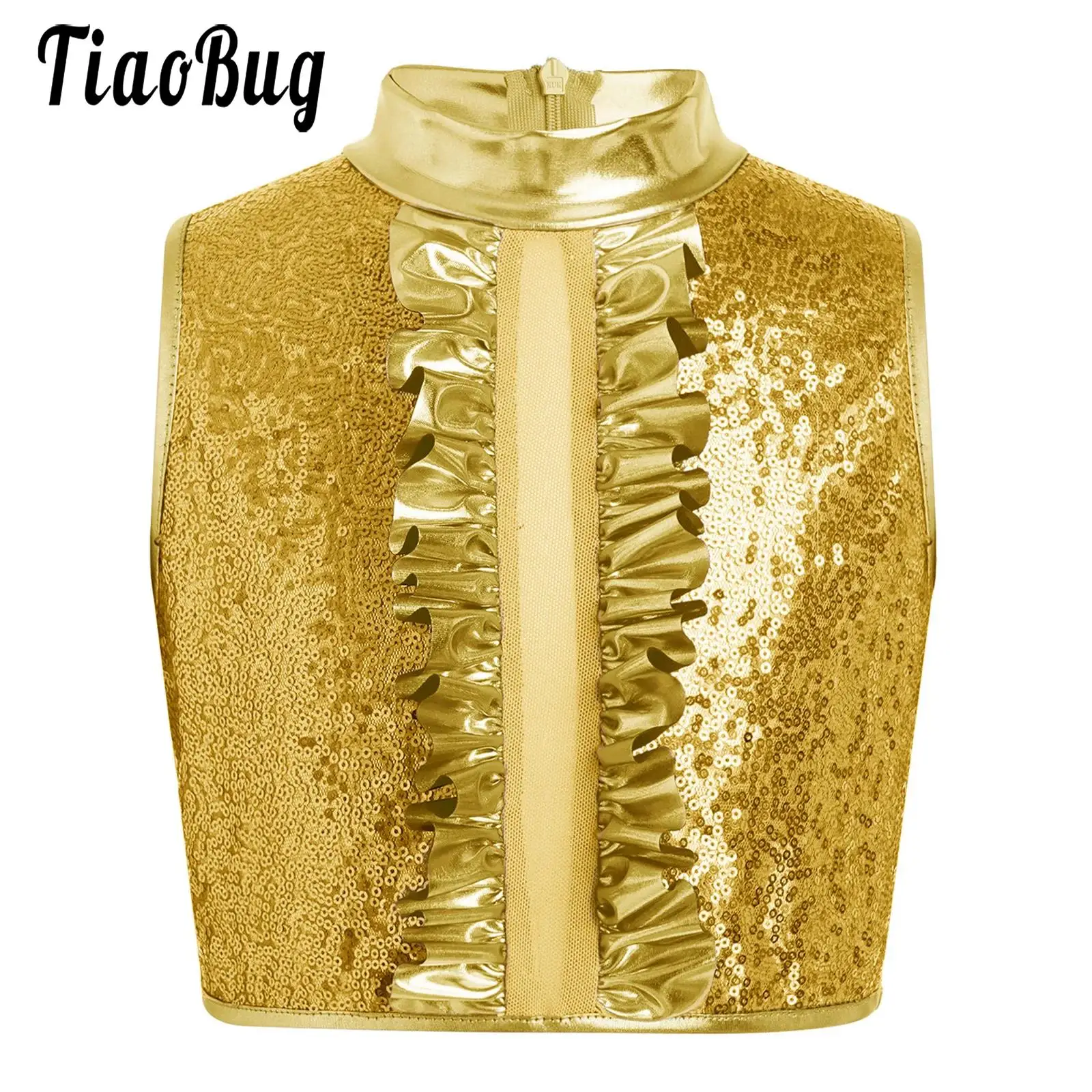 Kids Girls Sparkly Street Hip Hop Vest Jazz Dance Top Sleeveless Metallic Sequin Ruffles Zipper Crop Top for Dancing Performance