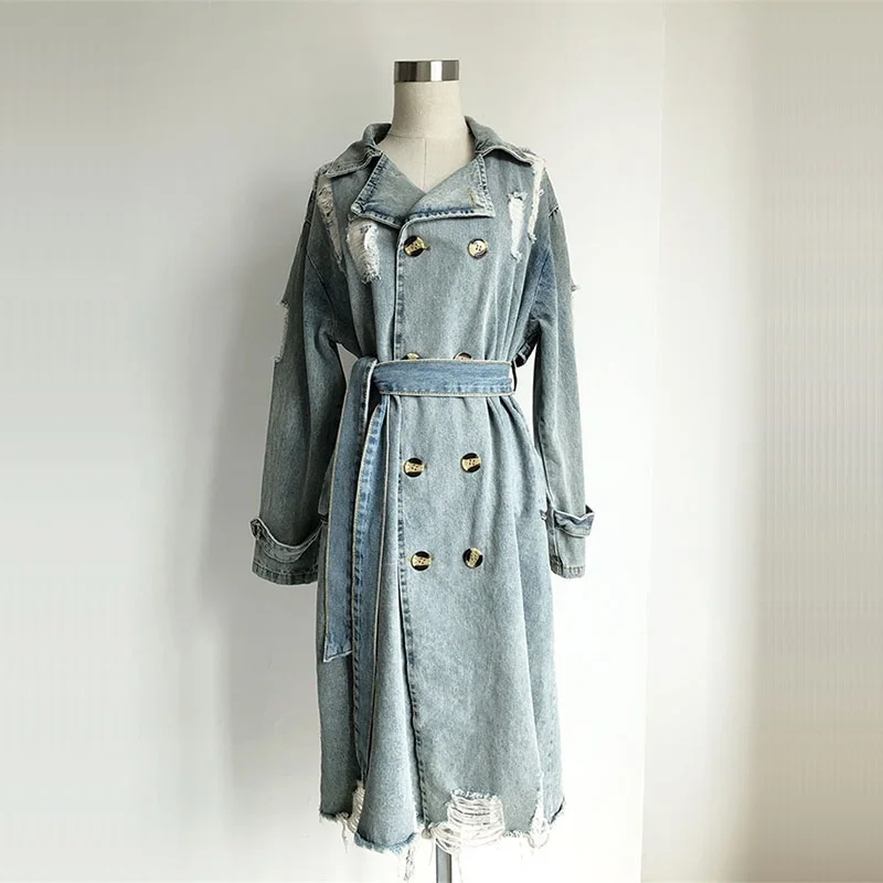 Vintage Light Blue Frayed Hole Denim Trench Coat With Belt Spring New Loose Casual Lapel Mid-length Women Windbreaker Overcoat