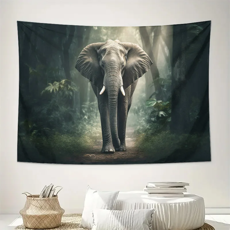 Majestic African Elephant Walking Through Misty Jungle Forest Tapestry Machine Washable All Season Decor Home Living RoomBedroom
