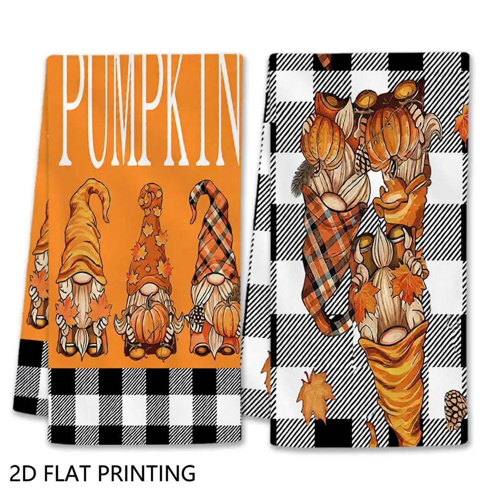 Jit 2pcs Fall Gnome Pumpkin Plaid Pattern Dish Towels For Home Kitchen Harvest Season Decor