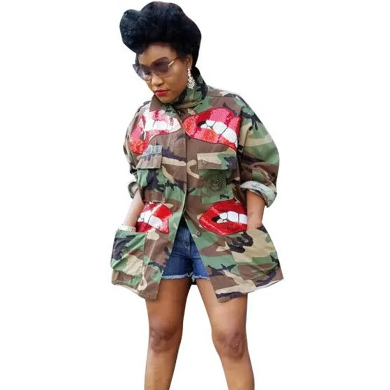 Camouflage Jacket Women Sequin Lip Long Sleeve Camo Coat Button-up Pockets Military Streetwear Casual Outerwear For Female