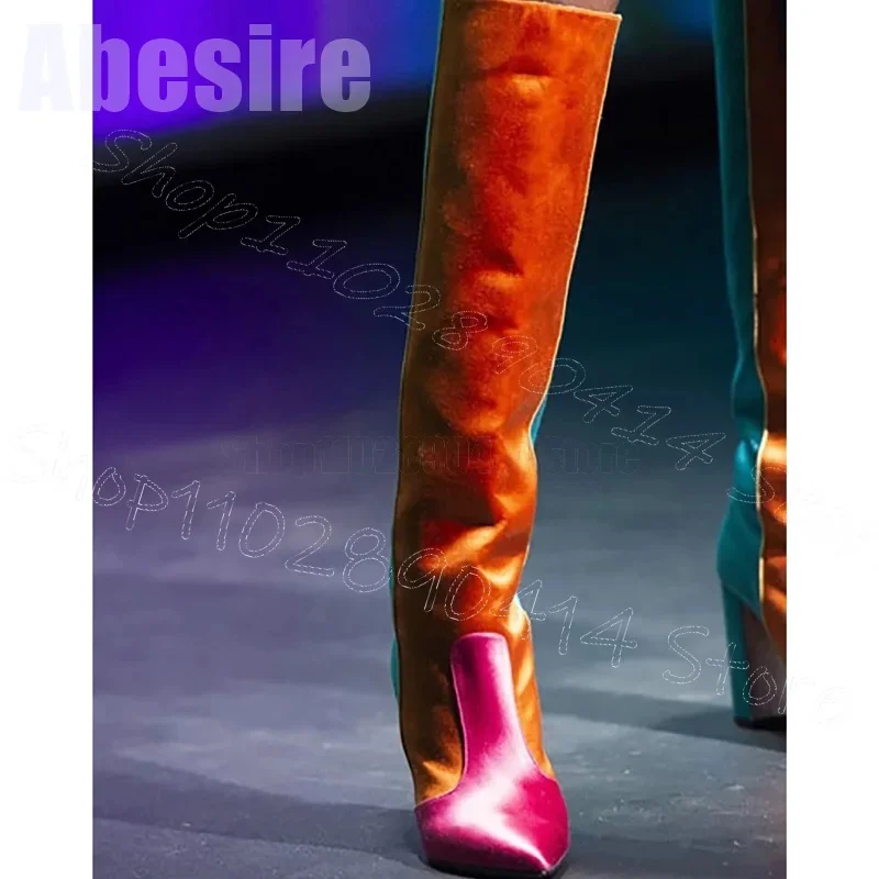 

Colorful Silk Pointed Toe Runway Boots Slip On Women Shoes Chunky High Heels Novel Party Banquet Dating 2025 Zapatos Para Mujere