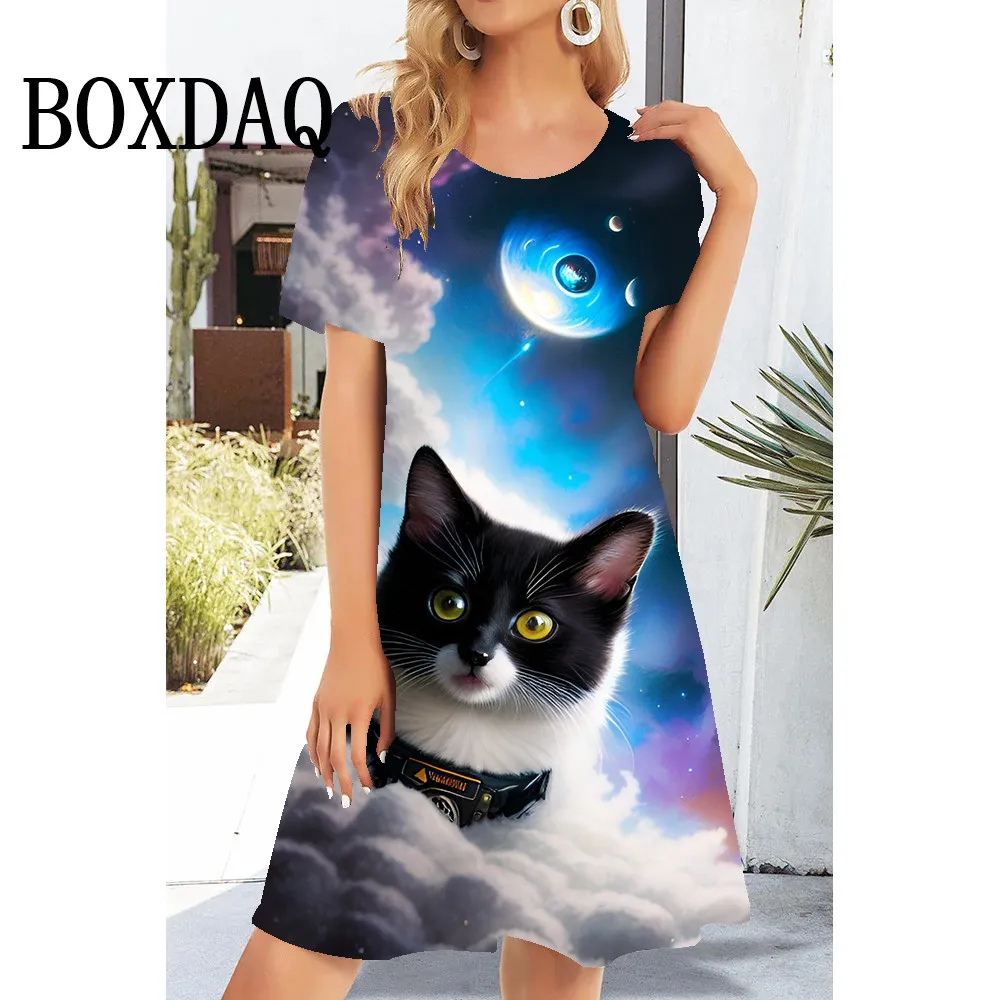 New 2024 Summer Women's Dress Funny Dream Cat 3D Print O-Neck Short Sleeve Loose Mini Dresses Fashion Casual Sweet A-Line Dress