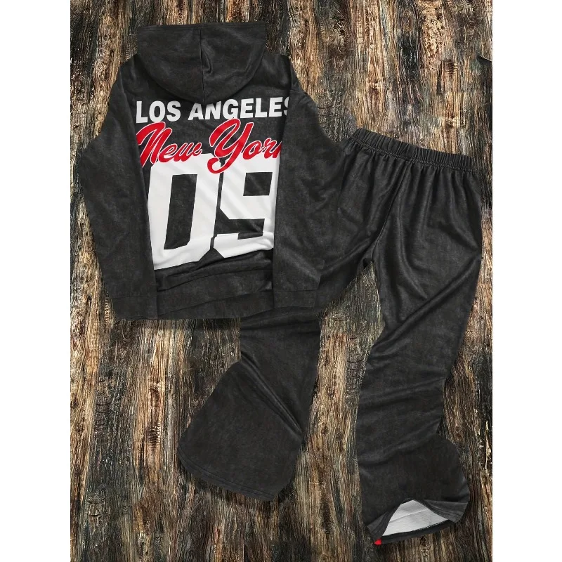 2025 قطعتين عارضة الأزياء إلكتروني تمثال الحرية نمط 3D مطبوعة هوديي يقترن عدد السراويل المستقيمة