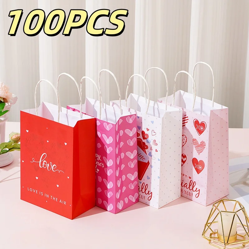 Girl Surprise Gift Accompaniment Packaging Bags Valentine's Day Handbag Pink Heart Decorative Kraft Paper Bags