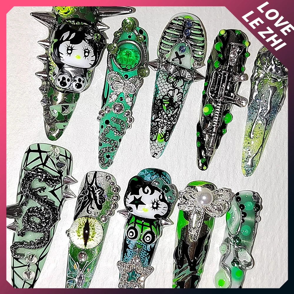 Sanrioed Hello Kittys Handmade Press On Nails Goth Green Y2K Spicy Girl Rivet Lace Dragon Nails Long Stiletto Halloween Nail