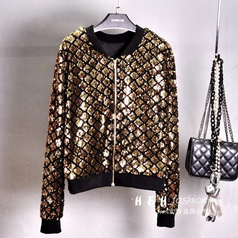 

New Sequined Jacket Small Coat Round Neck Long Sleeves Versatile Short Hong Kong Style Chic Top Baseball Uniform for Women