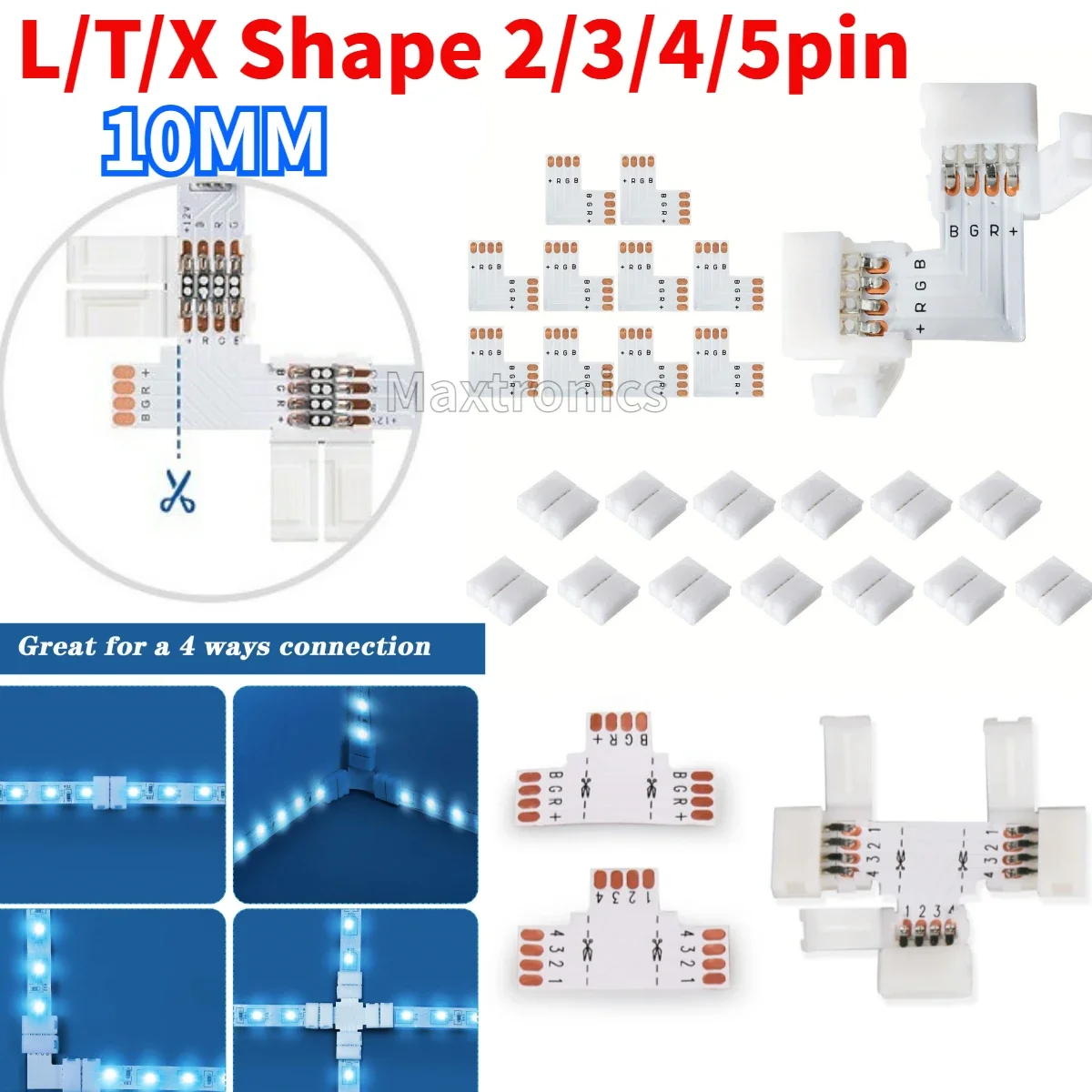 

2/3/4/5PIN L/T/X Shape Corner LED Connector Free Soldering Connector For 10mm SK6812 WS2815 WS2811 WS2812B RGB Led Strip Light