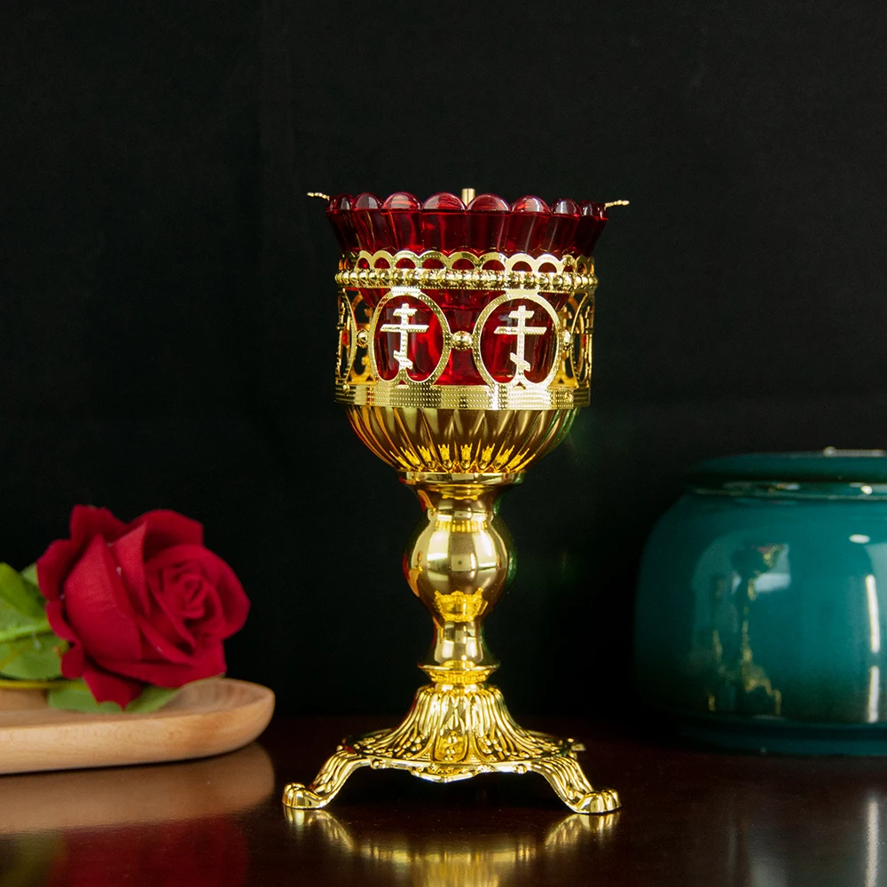 Traditional Orthodox Lampada Vigil Lamp Red Glass Gold Metal Candle Holder Filigree Cross Medallion Church Altar Religious
