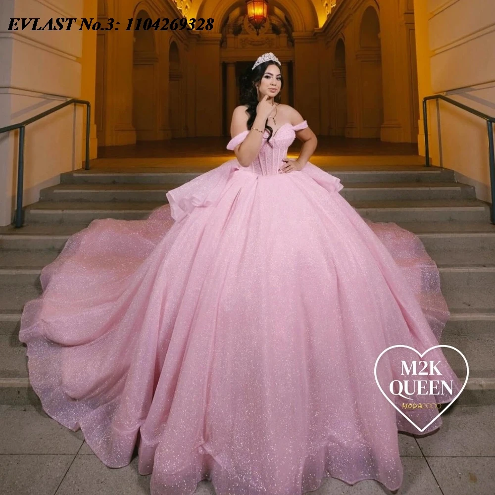 EVLAST Customized Pink Quinceanera Dress Ball Gown Shiny Applique Crystal Beaded Bow Corset Sweet 16 Vestidos De 15 Anos E3Q48