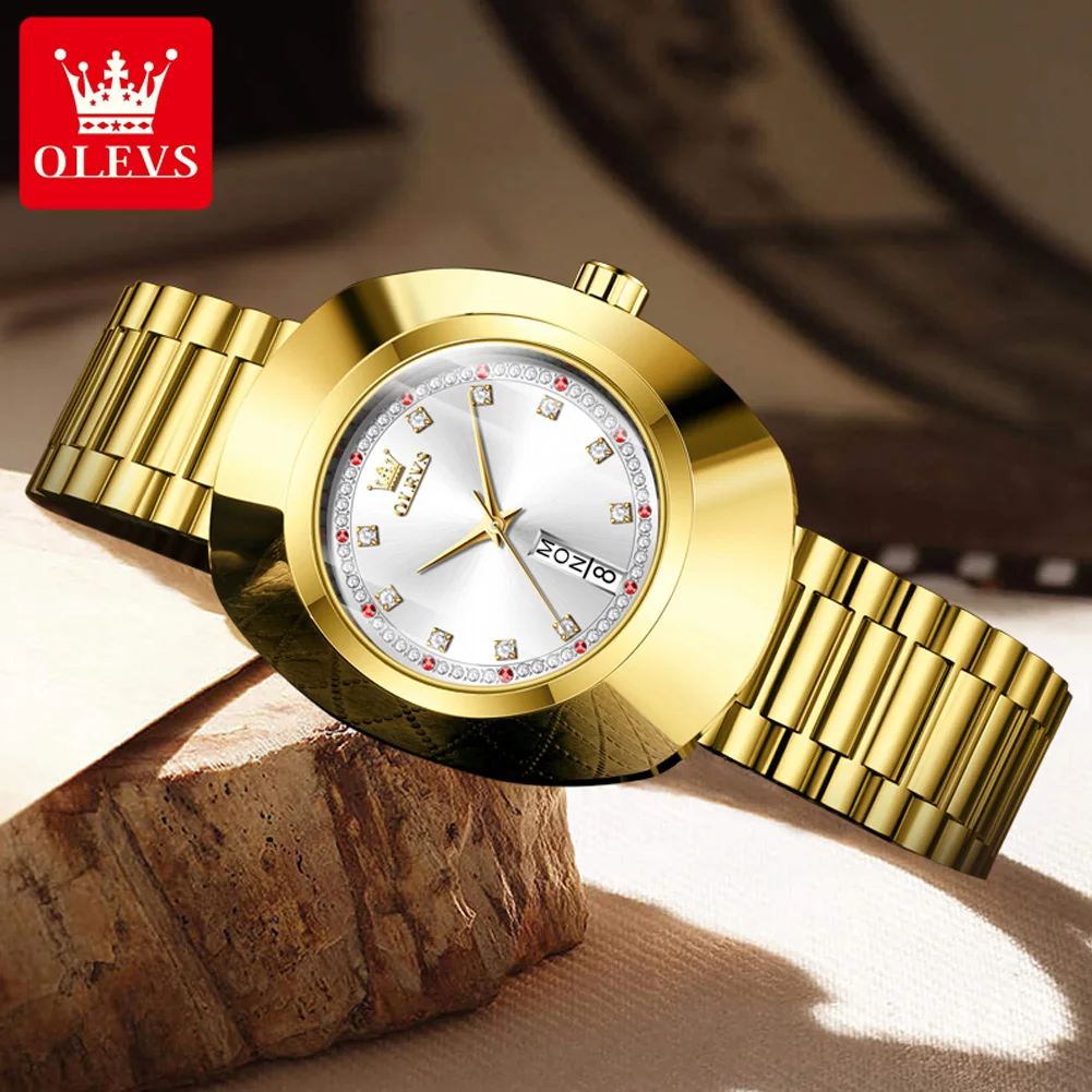 OLEVS 7017 Golden Tungsten Steel Case Luxury Quartz Watch for Women Fashion Diamond Scale Auto Date Waterproof Ladies Wristwatch