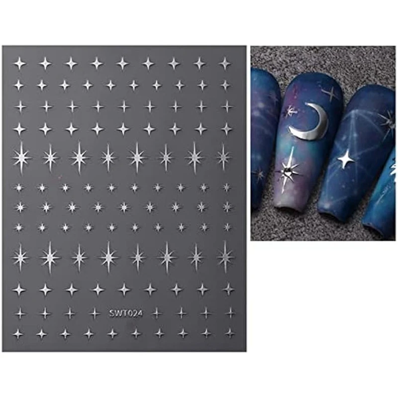Pegatinas de estrellas de colores para uñas, calcomanías autoadhesivas plateadas, suministros para uñas, accesorios de decoración de diseño de uñas, 9 piezas