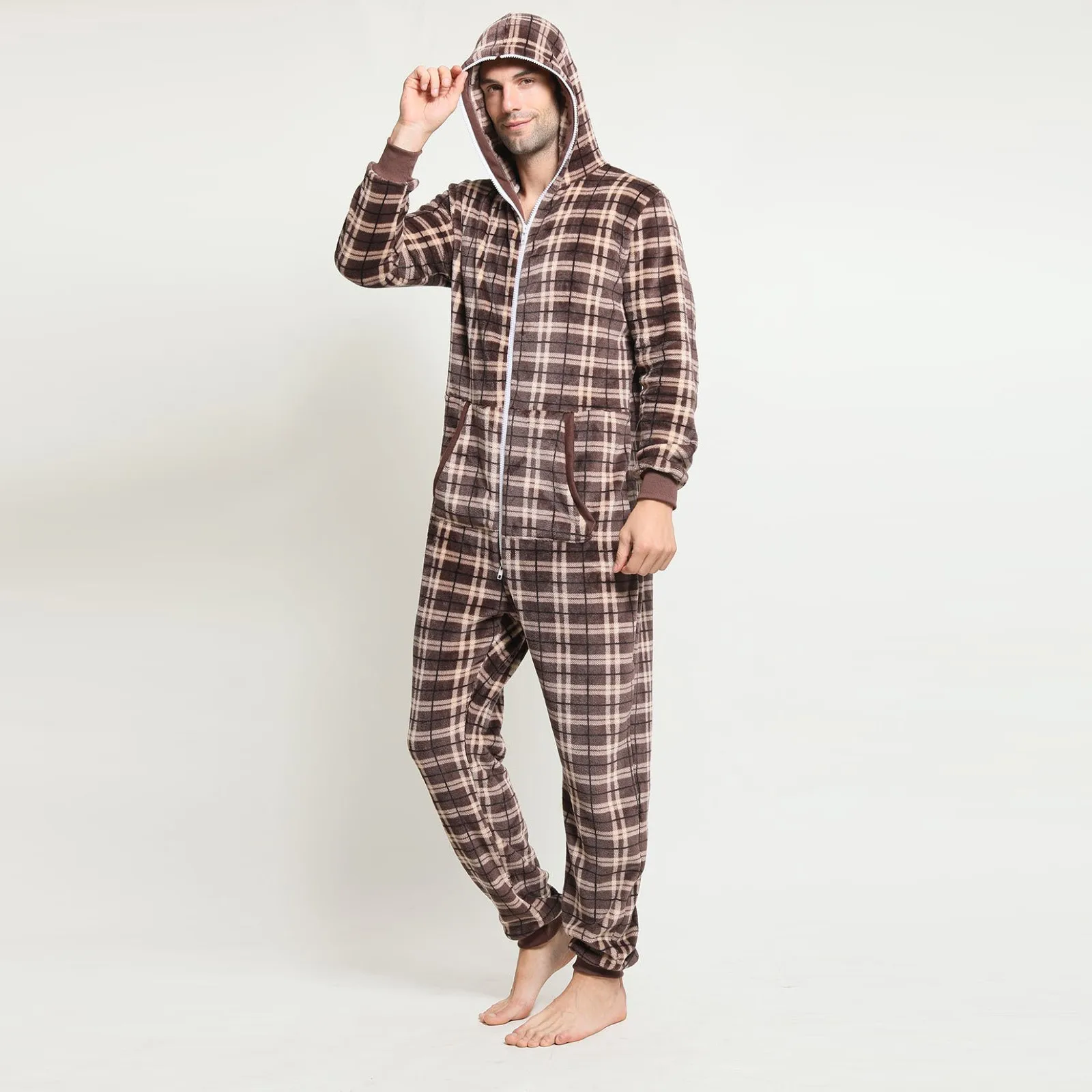 Autumn Winter Flannel Onesies Jumpsuit Male Hoodie Pajama Men Jumpsuits Vantage Hoodie Zipper Sleepwear Comfort Xmas Pajamas