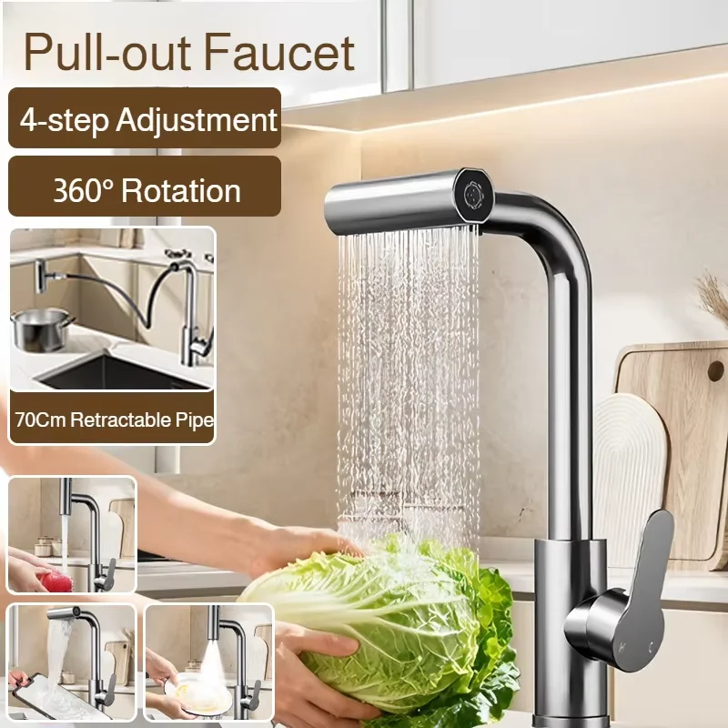 

Kitchen Pull-out Faucet Four-setting Hot and Cold Sink Faucet Telescopic Waterfall Faucet Splash-proof for Various Countertops
