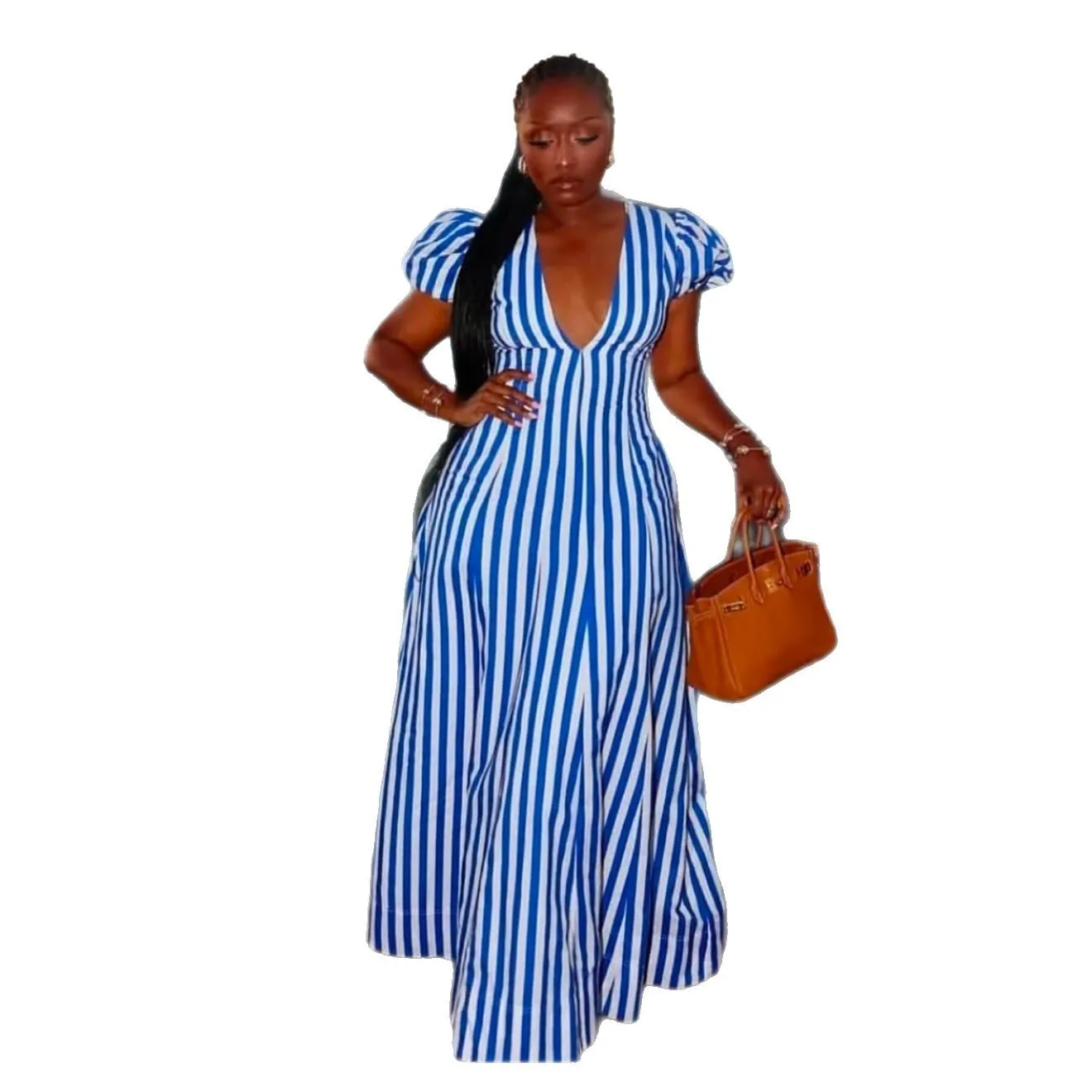 ผู้หญิงลายพิมพ์คอวีเซ็กซี่เข้ารูปพอดีกระโปรงยาวสวิงใหญ่แขนฟอง 2025