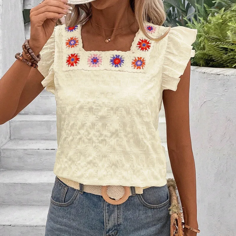 

2025 Fashion Summer Short Sleeve Women Blouse Shirt Square Collar Spliced Blouse Shirt Women Tops Camisas De Mujer Blusas Q438
