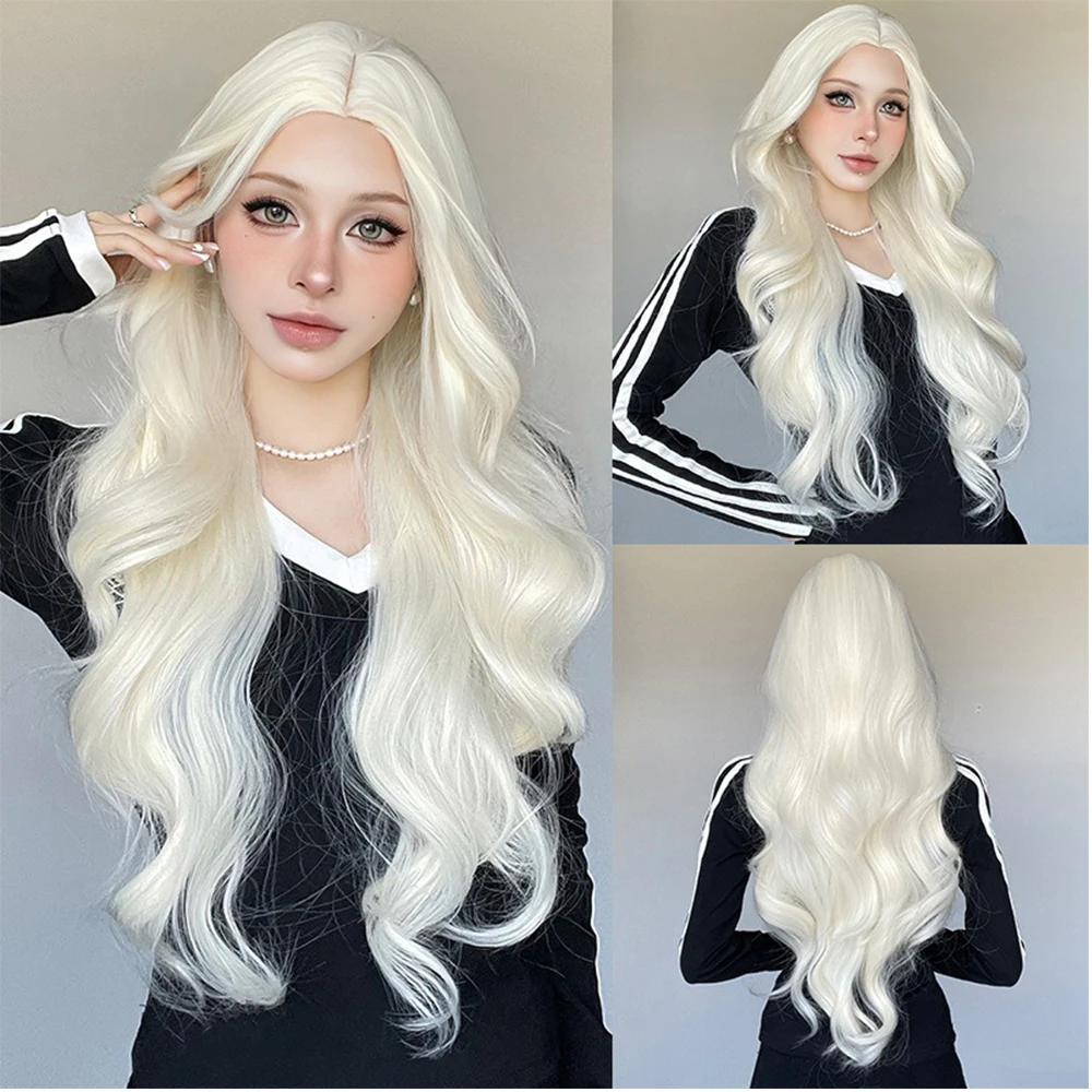 

Молочно-белый волнистый синтетический длинный парик с челкой, длинные вьющиеся волосы, элегантный белый парик с имитацией, женский парик, термостойкий для косплея