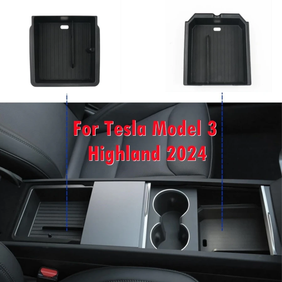 For 2024 Tesla Model 3 Highland ABS Center Console Organizer Trays Top & Bottom TPE Control Armrest Storage Box Inner Decoration