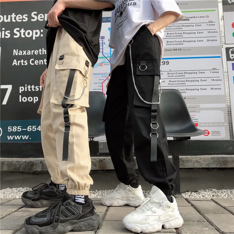 Women Men Cargo Pants Harajuku Chain Pockets Ankle Trousers High Waist Chain Hip-hop Pants Fashion Harem Pants Black Pants